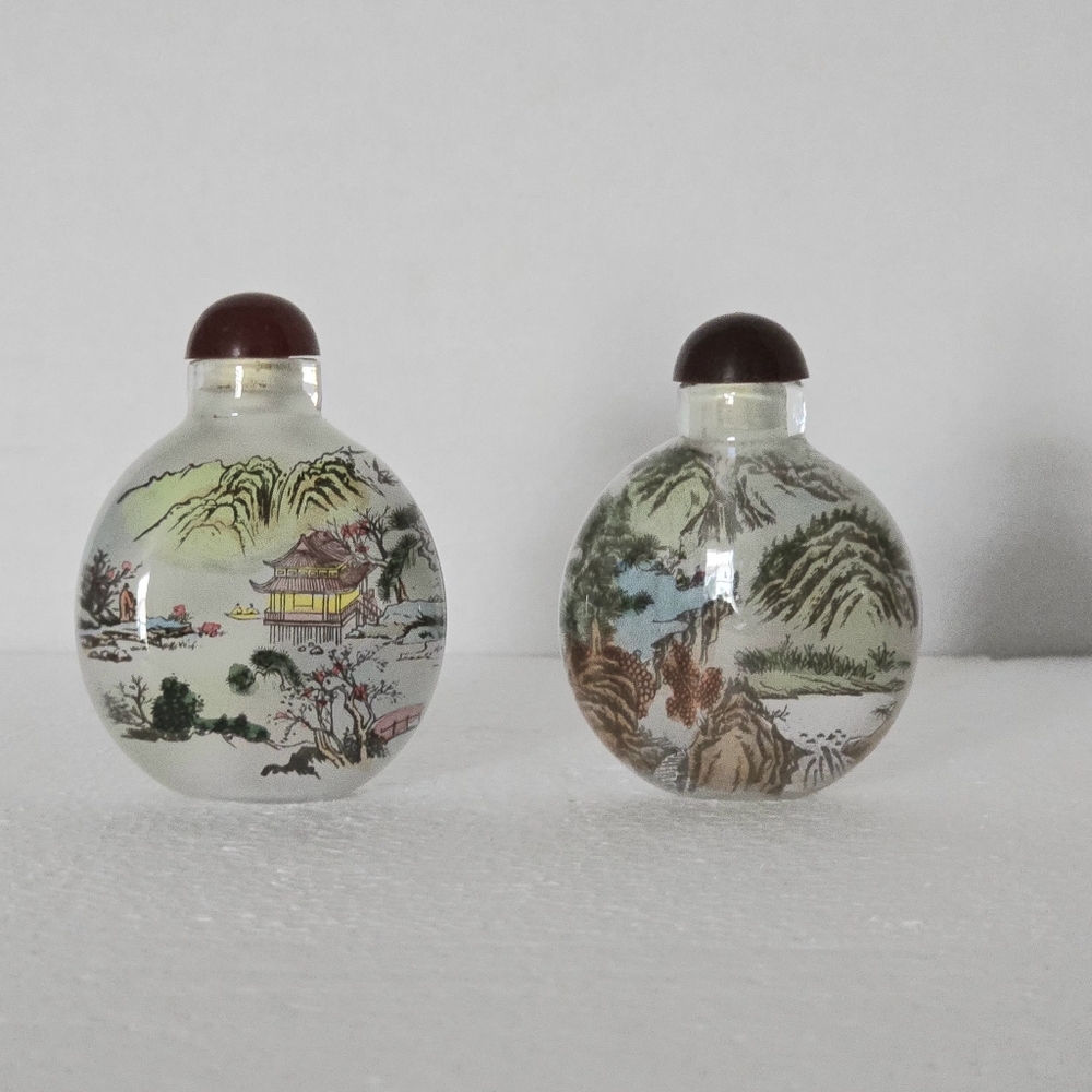 2 Vintage Chinese Intriquet Reverse Painted Frosted Glass Snuff Bottles